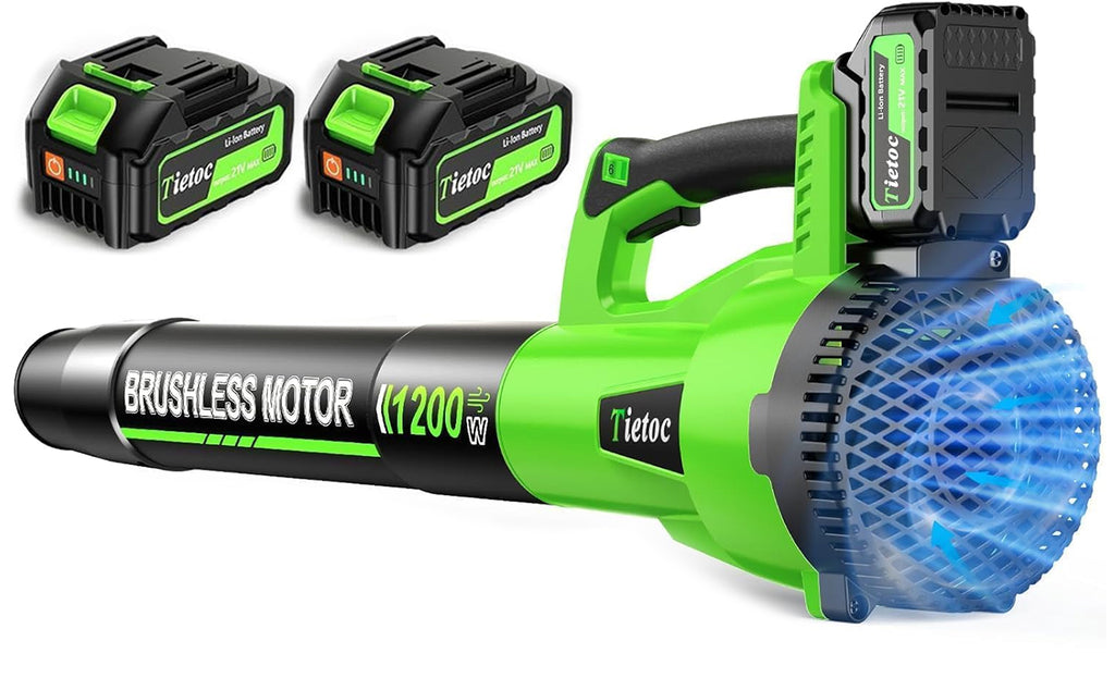 Tietoc Leaf Blower Cordless, 1200W Brushless Electric Leaf Blower with 2 X 4.0Ah Battery, 6 Speed Powerful Leaf Blowers for Garden, Patio, Lawn Care, Gift for Men Dad Husband Fathers (Green)
