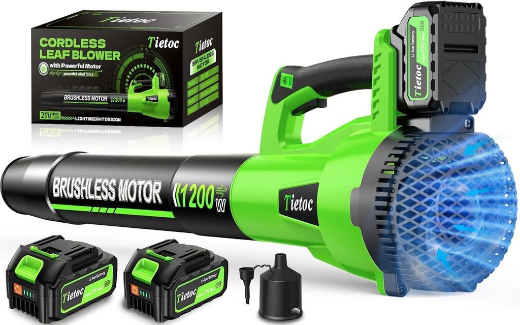 Tietoc Leaf Blower Cordless, 1200W Brushless Electric Leaf Blower with 2 X 5.0Ah Battery, 6 Speed Powerful Leaf Blowers for Garden, Patio, Lawn Care, Gift for Men Dad Husband Fathers (Green)