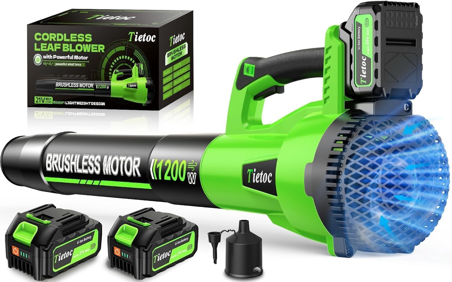 Tietoc Leaf Blower Cordless, 1200W Brushless Electric Leaf Blower with 2 X 5.0Ah Battery, 6 Speed Powerful Leaf Blowers for Garden, Patio, Lawn Care, Gift for Men Dad Husband Fathers (Green)