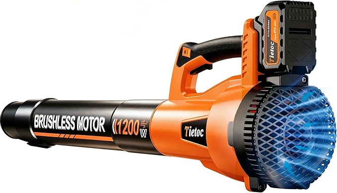 Tietoc Leaf Blower Cordless,1200W Brushless Electric Leaf Blowers w/ 2x6.0Ah Battery & Fast Charger, 6 Speed Powerful Blowers for Garden Lawn Care Patio Blowing Leaves Dust Snow Gift for Men Orange