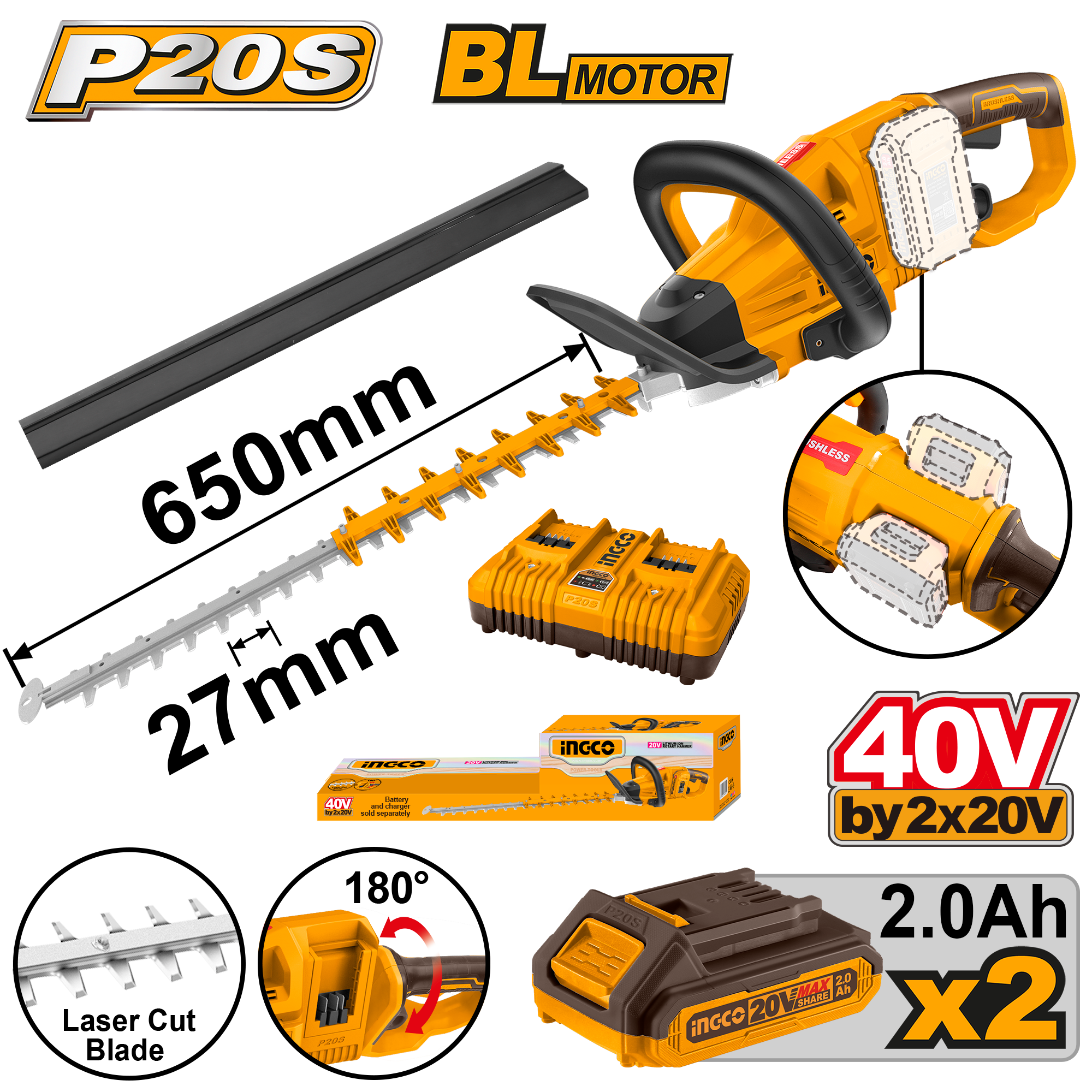 Ingco Cordless Hedge Trimmer 40V Kit P20s