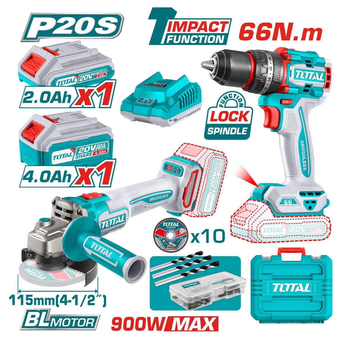 Special - Total Cordless Impact Drill 66Nm and Angle Grinder 20V Combo Kit