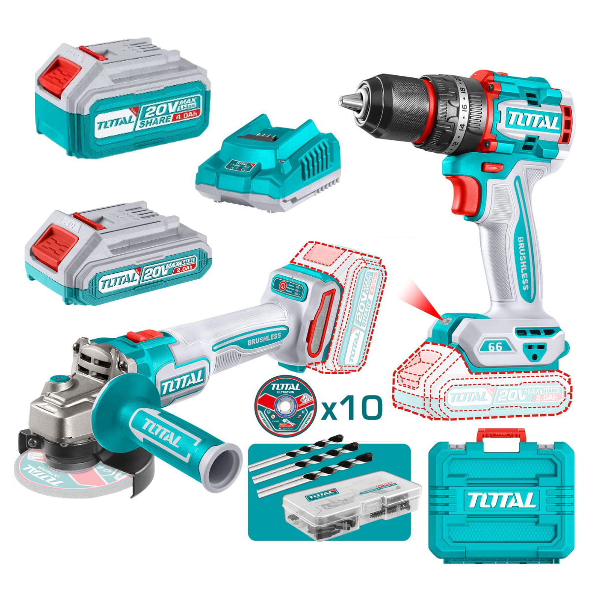 Special - Total Cordless Impact Drill 66Nm and Angle Grinder 20V Combo Kit