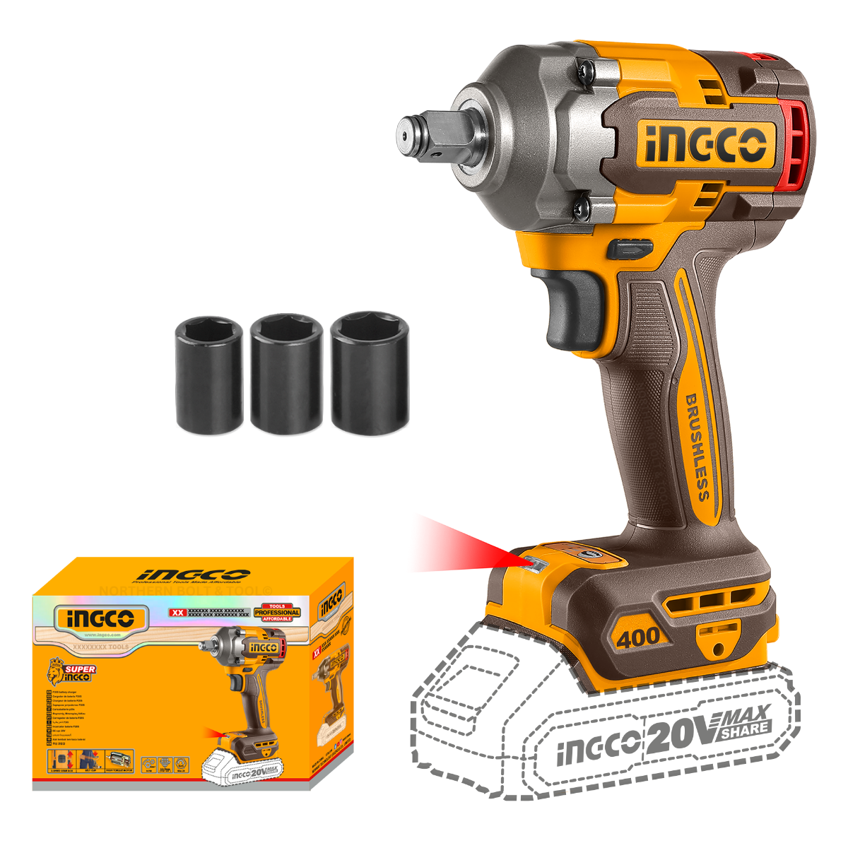 Ingco Cordless Impact Wrench 400Nm 20V (Tool Only)