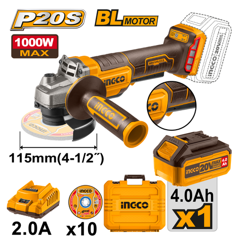 Ingco Cordless Angle Grinder 20V 115Mm Brushless Kit With Carry Case