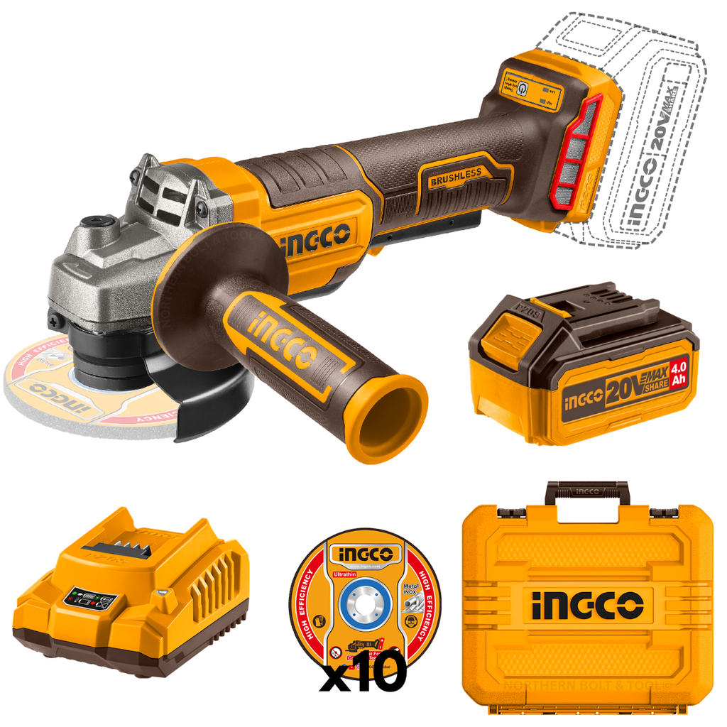 Ingco Cordless Angle Grinder 20V 115Mm Brushless Kit With Carry Case