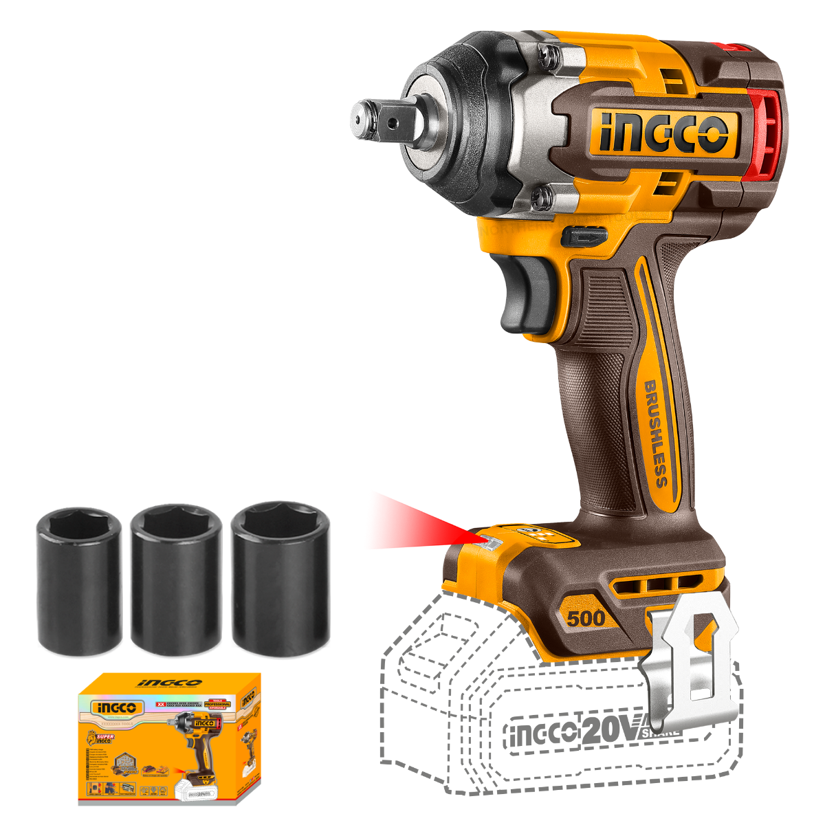 Ingco Cordless Impact Wrench 500Nm 20V (Tool Only)