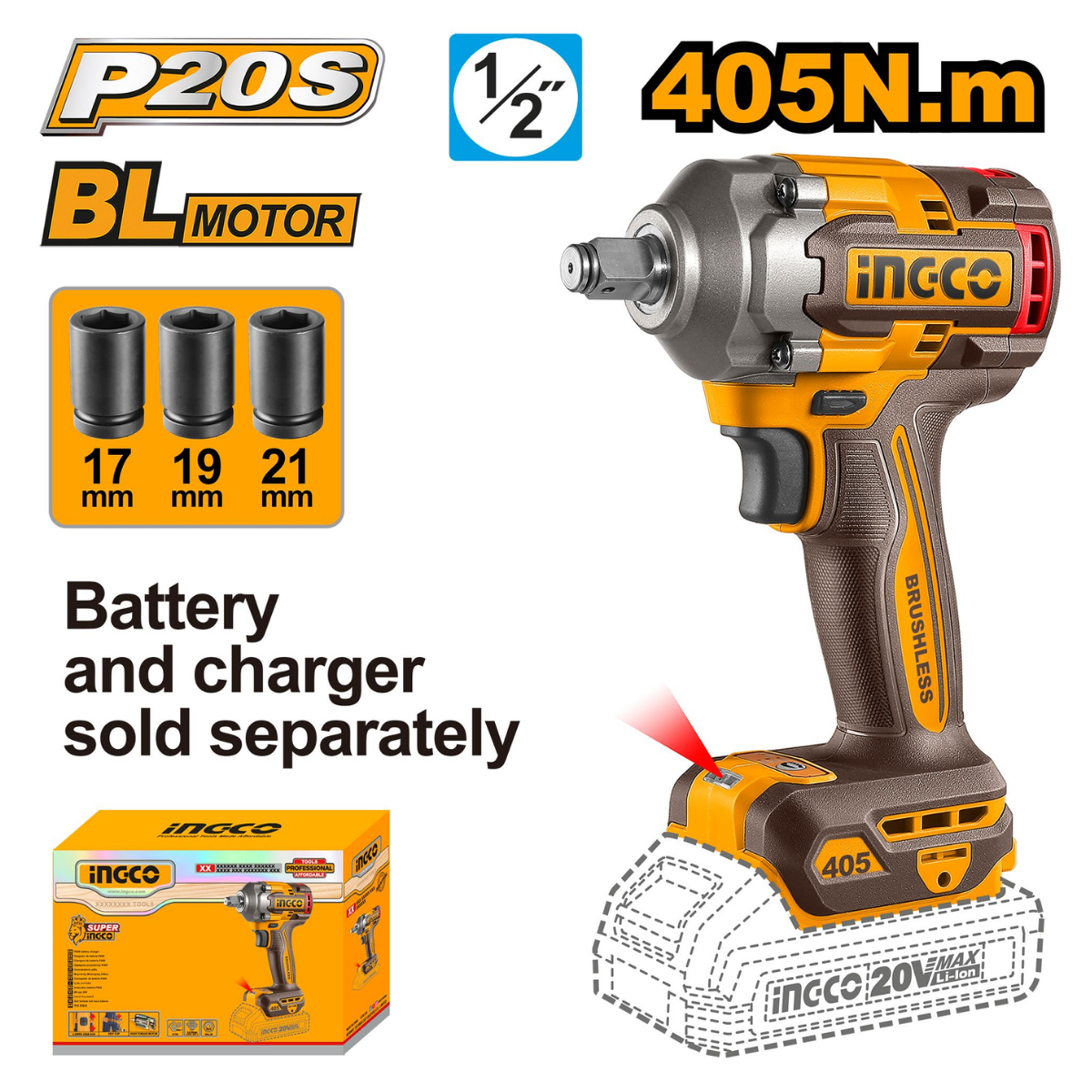 Special - Ingco Cordless Impact Wrench 405Nm 1/2"Drive 20V (Tool Only)