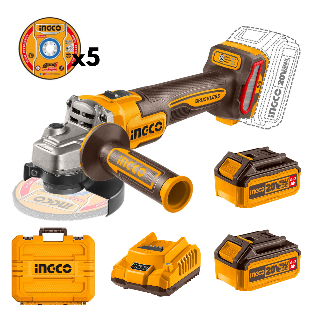 Special - Ingco Cordless Angle Grinder 900W 115Mm Brushless Kit (2x 4Ah Battery, Charger & Case)