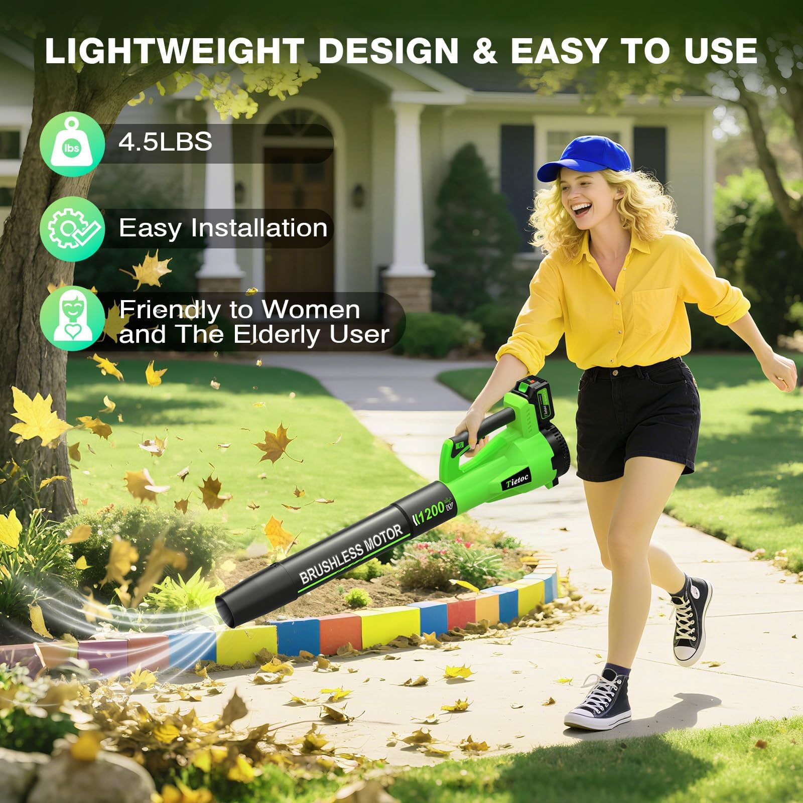 Tietoc Leaf Blower Cordless, 1200W Brushless Electric Leaf Blower with 2 X 4.0Ah Battery, 6 Speed Powerful Leaf Blowers for Garden, Patio, Lawn Care, Gift for Men Dad Husband Fathers (Green)
