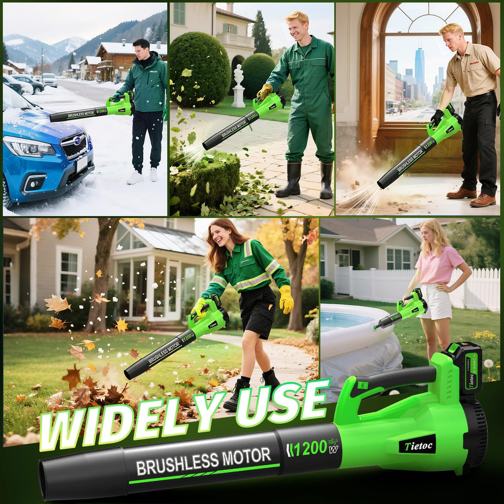 Tietoc Leaf Blower Cordless, 1200W Brushless Electric Leaf Blower with 2 X 5.0Ah Battery, 6 Speed Powerful Leaf Blowers for Garden, Patio, Lawn Care, Gift for Men Dad Husband Fathers (Green)